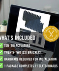 Beefy Black Louver Hardware System For Outdoor Privacy, Holds Up To 11 Boards, Fits 48 Inch Wide Openings, shown on laptop with parts list.
