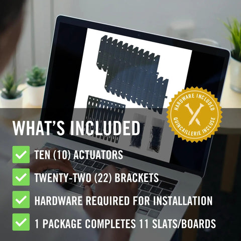 Beefy Black Louver Hardware System For Outdoor Privacy, Holds Up To 11 Boards, Fits 48 Inch Wide Openings, shown on laptop with parts list.