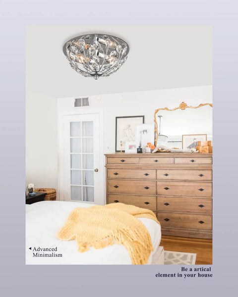 12 Inch Crystal Ceiling Light Two Light Modern Chrome Flush Mount Fixture for Dining Room and Living Room in bedroom setting