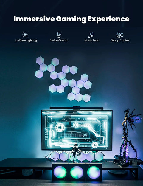 Gaming setup with Hexagon LED Wall Lights Set Three Piece Pro for bedroom, RGB panels above the monitor, glowing ambient colors.
