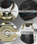 Heavy Duty Caster Wheels Set Of 4 Roll Like Butter With Dual Thrust Bearings Solid As A Rock Rubber Tires In Eight And Ten Inch Sizes close-up of rubber wheel, double pressure bearing, 10 layers thick rubber, easy installation features