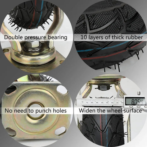 Heavy Duty Caster Wheels Set Of 4 Roll Like Butter With Dual Thrust Bearings Solid As A Rock Rubber Tires In Eight And Ten Inch Sizes close-up of rubber wheel, double pressure bearing, 10 layers thick rubber, easy installation features