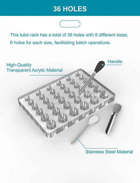 Lab Tube Rack Filling Tray Kit With 36 Hole Microcentrifuge Rack, Spoons And Spatula For Sizes 000 Through 3, Great For Home Labs