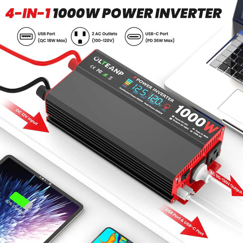 1000W Continuous Power Inverter For Vehicles And Home Use With LCD Display, Two AC Outlets, 36W Type-C Port, 5V/3A USB shown