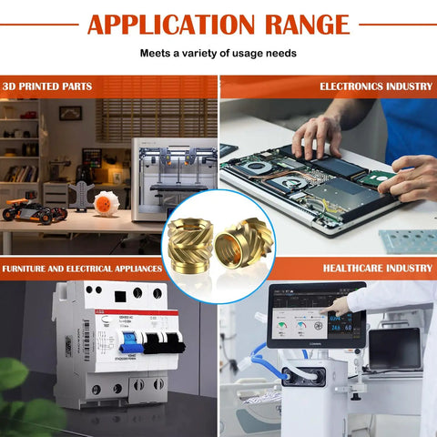 Various applications of 100 Pieces M4 Heat Set Inserts For Plastic Parts Brass Knurled Heat Set Threaded Inserts For 3D Printing Easy Heat Insertion Includes M4x6x6mm For Strong Durable Mounts And Repeatable Assembly in electronics, healthcare, and furniture.