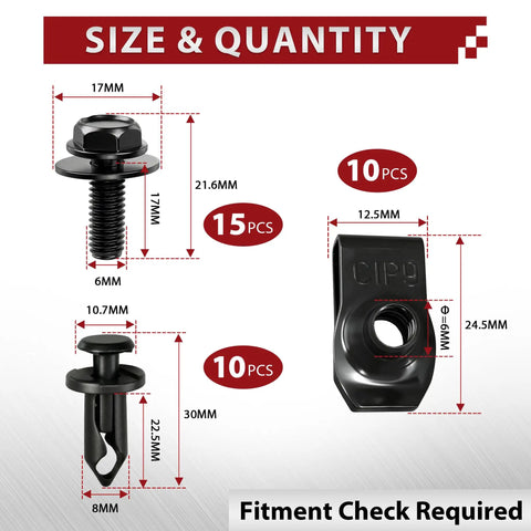 Illustration of 35 Piece Universal Engine Under Cover Splash Shield Hardware Kit with sizes and quantities of U-nuts and bolts.