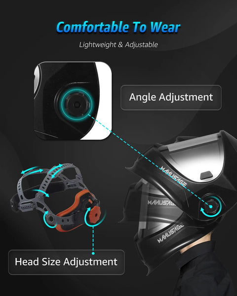 Panoramic View Auto Darkening Welding Helmet with angle and head size adjustment features.