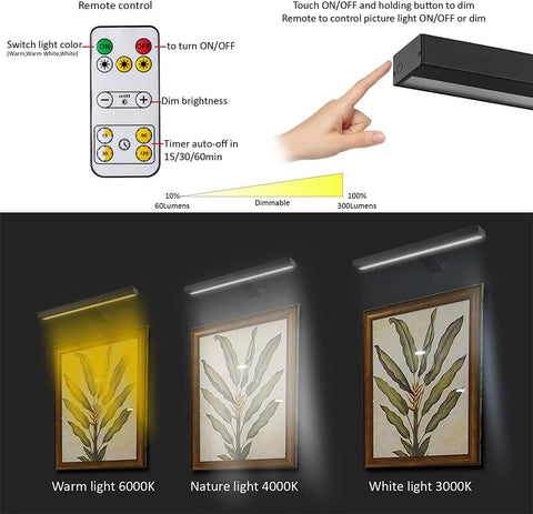 Wireless Picture Light With USB Rechargeable Battery Remote Control Dimmable No Fuss Timer Off 16 Inch Full Metal Accent Lamp light modes