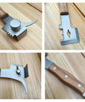 Four views of 7 in 1 Beekeeping Tool With Wooden Handle The Ultimate Go To Bee Hive Scraper J Hook Frame Lifter And More For Pros