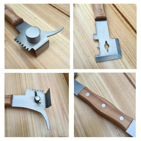 Four views of 7 in 1 Beekeeping Tool With Wooden Handle The Ultimate Go To Bee Hive Scraper J Hook Frame Lifter And More For Pros