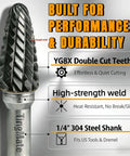 Tungsten carbide burr, close-up on 1/4-inch steel shank with double-cut, double-spiral teeth
