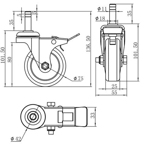 Super Smooth 3 Inch Swivel Caster Wheels Set Of 4 With 7/16 Inch Stem Heavy Duty Locking Casters technical drawing.