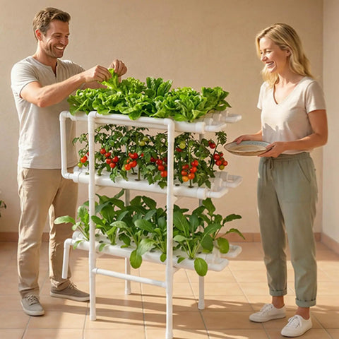 Couple tending Hydroponics Growing System Kit For Home Garden With 3 Tier 108 Sites UPVC Pipe Hydroponic Grow Kit Timed Irrigation