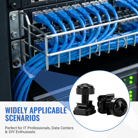 50 Pack M6 x 16mm Rack Mount Cage Nuts Screws And Washers For 19 Inch Server Racks And Network Cabinets shown with cables