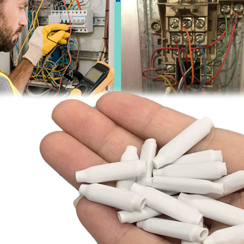 Close-up of white Low Voltage B Wire Connectors Dry Silicone Crimp Bean Type Cable Splices on hand with electrical setup