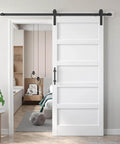 36x84 Inch White Barn Door With Six Point Six Foot Sliding Hardware Kit Included And Handle Five Panel Fits 33 To 34 Inch Opening Solid MDF PVC Surface Waterproof Scratch Proof Durable DIY Assembly installed in living room