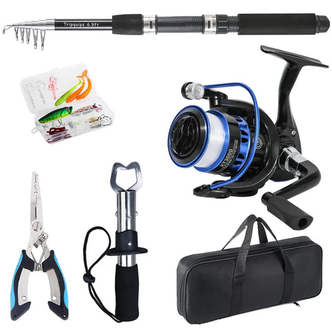 6.9 Foot Telescopic Fishing Rod And Reel Combo With Pliers And Lip Gripper, All In One Starter Kit With Accessories And Blue Carry Bag