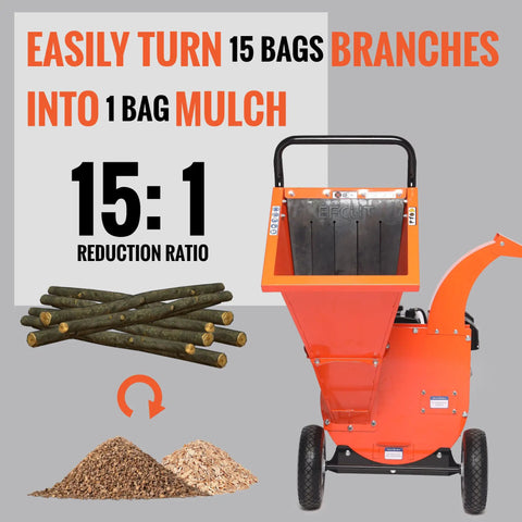 Powerful 9HP Gas Powered Wood Chipper With Electric Key Start, 274cc Engine, 4 Inch Max Branch Capacity, Heavy Duty Shredder