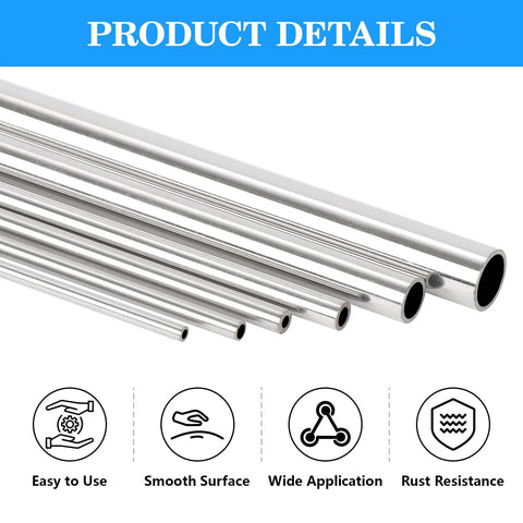 Side view of 304 stainless steel round tubes, 1 in OD, 12 in length, hollow pipes.