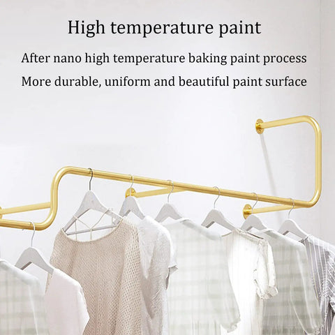 Sturdy Gold Iron Wall Mounted Clothing Rack 300cm For Garments And Shoes, display with clothes, reflective gold finish.