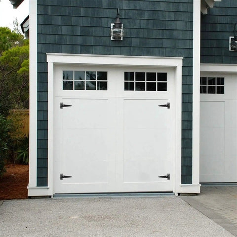 White garage door with Six Pack 4 Inch T Hinges Antique Style Rustproof Black for exterior use, left or right hand install.