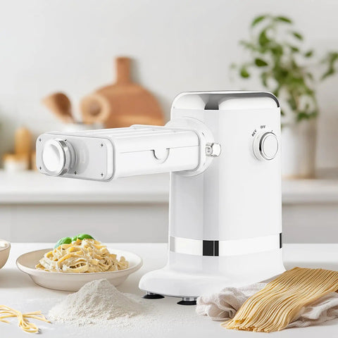 GVODE Electric Pasta Maker Machine, 3 In 1 Pasta Roller And Cutter Set, White, close-up with fresh pasta and flour on countertop.