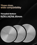 Three espresso tamper bases with threaded bottoms, sizes 51/53.35/58.35mm, on black background, highlighting compatibility