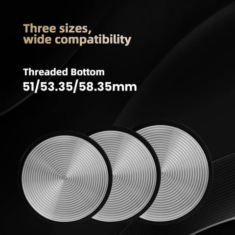 Three espresso tamper bases with threaded bottoms, sizes 51/53.35/58.35mm, on black background, highlighting compatibility