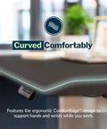 L Shape Electric Standing Desk With Height Adjustable Sit Stand Design For Corner Office Reversible Left Right Layout No Sweat Setup Espresso Top Slate Frame close-up of ergonomic desk edge for wrist comfort.