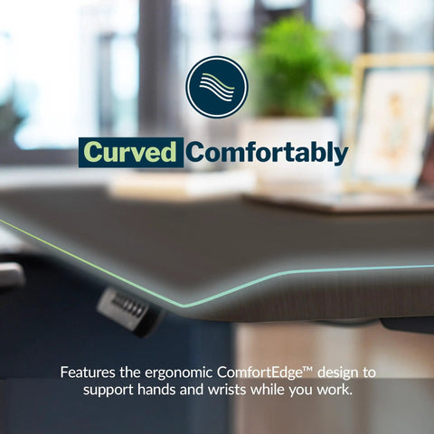 L Shape Electric Standing Desk With Height Adjustable Sit Stand Design For Corner Office Reversible Left Right Layout No Sweat Setup Espresso Top Slate Frame close-up of ergonomic desk edge for wrist comfort.