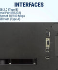 High Speed 203 Dpi Industrial Thermal Label Printer, 4 Inch Width, 7 Ips showing USB and Ethernet ports for connectivity.