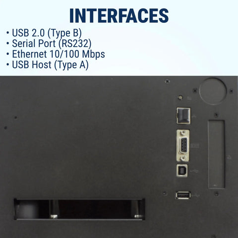 High Speed 203 Dpi Industrial Thermal Label Printer, 4 Inch Width, 7 Ips showing USB and Ethernet ports for connectivity.