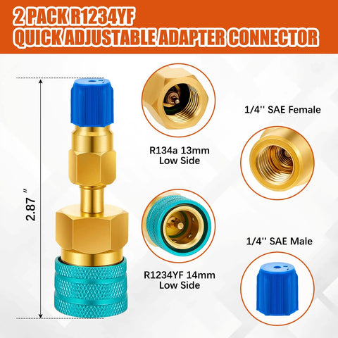 R1234YF To R134A Quick Coupler Kit with brass connectors, blue low side adapter, and size labels for car air conditioning recharge.
