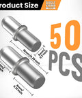 Hella Durable 50 Pack Nickel Plated Shelf Pins Rust Proof Metal Support Pegs For Cabinet Furniture Shelves Heavy Duty Polish Finish Quick Swap Premium Storage Setup sizes displayed with measurements