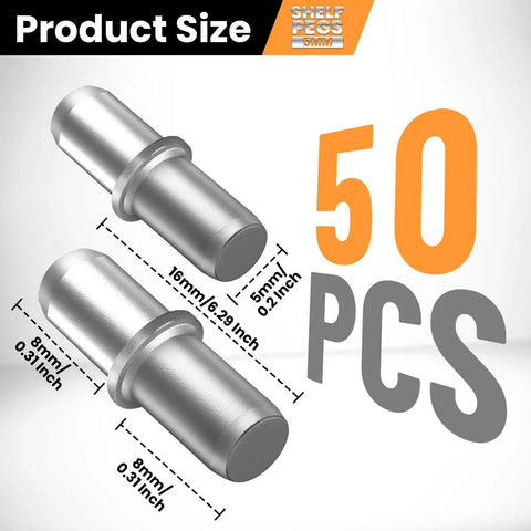Hella Durable 50 Pack Nickel Plated Shelf Pins Rust Proof Metal Support Pegs For Cabinet Furniture Shelves Heavy Duty Polish Finish Quick Swap Premium Storage Setup sizes displayed with measurements