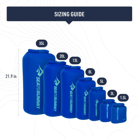 Sizing guide of Surf Blue dry bags from 1.5L to 35L, featuring Lightweight 1.5L Dry Bag For Backpacking Kayaking And Travel Dope Durable PU Coated