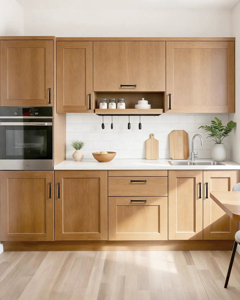 Matte Black Cabinet Pulls Pack Of 20, 5 Inch Length, 128mm Hole Center on wooden kitchen cabinets.