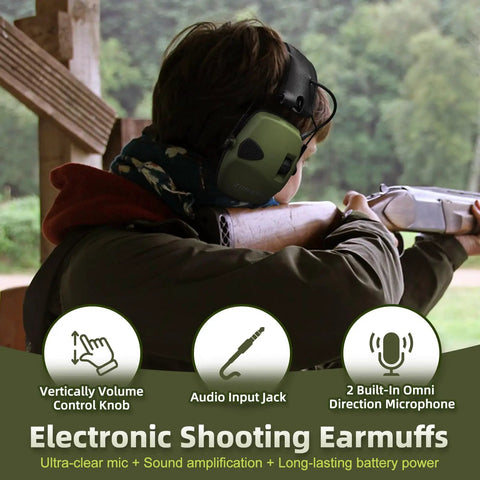 Person using Electronic Shooting Ear Protection With Sound Amplification And Active Noise Reduction Earmuffs For Gun Range