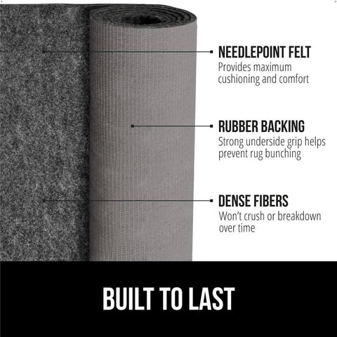 Close-up of felt with rubber rug pad showing needlepoint felt, rubber backing, and dense fibers, promotes grip and comfort