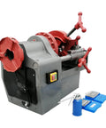 Electric Pipe Threader Workhorse One Half To Two Inch NPT With Twenty Eight RPM Threading Cutter Three In One Tool For Threading Cutting And Reaming Includes Clamping Device And Oiling System Built For Construction And Installation Jobs, red and gray machine with pipe dies