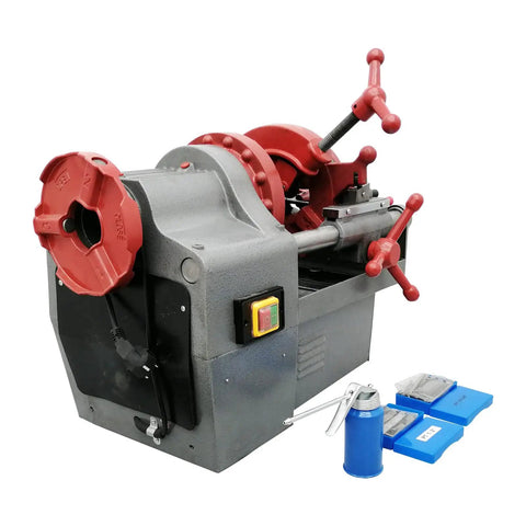 Electric Pipe Threader Workhorse One Half To Two Inch NPT With Twenty Eight RPM Threading Cutter Three In One Tool For Threading Cutting And Reaming Includes Clamping Device And Oiling System Built For Construction And Installation Jobs, red and gray machine with pipe dies