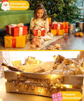 Girl with gifts under tree, soft glow from 4 Pack 60 LED Battery Operated Fairy Lights With Timer, 20 Ft Waterproof Indoor Outdoor