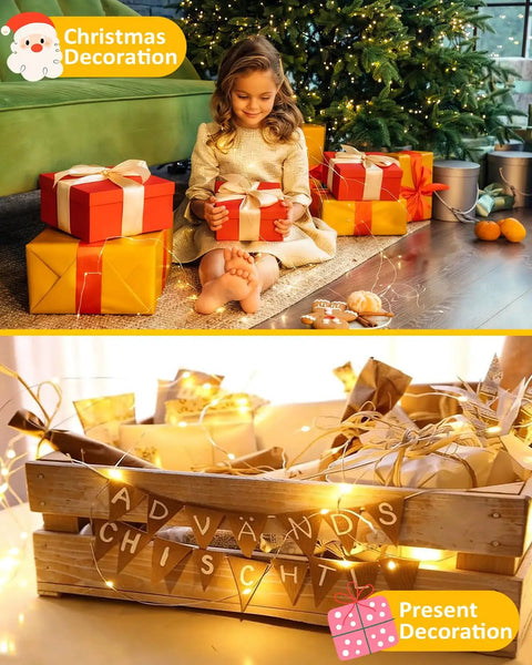 Girl with gifts under tree, soft glow from 4 Pack 60 LED Battery Operated Fairy Lights With Timer, 20 Ft Waterproof Indoor Outdoor
