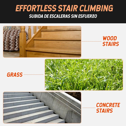 Beefy 280 Lb Capacity Stair Climbing Cart Folding Hand Truck Dolly for Moving includes images of wood stairs, grass, and concrete stairs