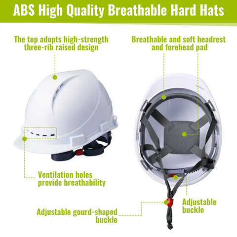 Eighteen Piece Squad Ready Construction Safety Bundle With White Cap Style Hard Hats features breathable ABS design and adjustable buckle.