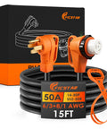 50 Amp RV Power Cord 15 Ft 14-50P To SS2-50R Heavy Duty Generator Extension Cable For Campground Hookups 6/3 And 8/1 Gauge STW Copper With PVC Jacket Weather Resistant, orange connectors and coiled cord