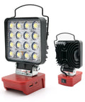 Cordless LED Work Light With 6000 Lumen Output And 38W Power, USB Ports, front and back view of adjustable flood light