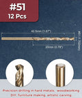Kozelo 12-piece HSS drill bit set, gold finish, #51 diameter 1.702 mm, 135° tip, front view