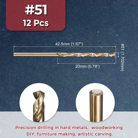 Kozelo 12-piece HSS drill bit set, gold finish, #51 diameter 1.702 mm, 135° tip, front view