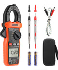 Digital Clamp Meter Multimeter 6000 Counts with Auto Ranging True RMS for AC and DC current and voltage, probes, and case.